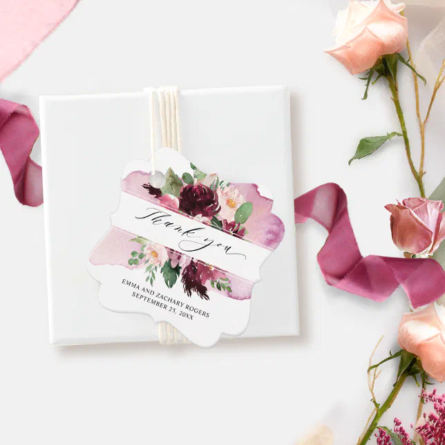 Elegant Burgundy Pink and Blush Floral Thank You Favor Tags | Zazzle