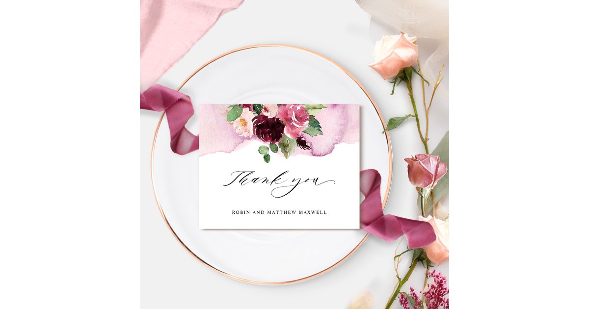 Elegant Burgundy Pink and Blush Floral Wedding Thank You Card | Zazzle