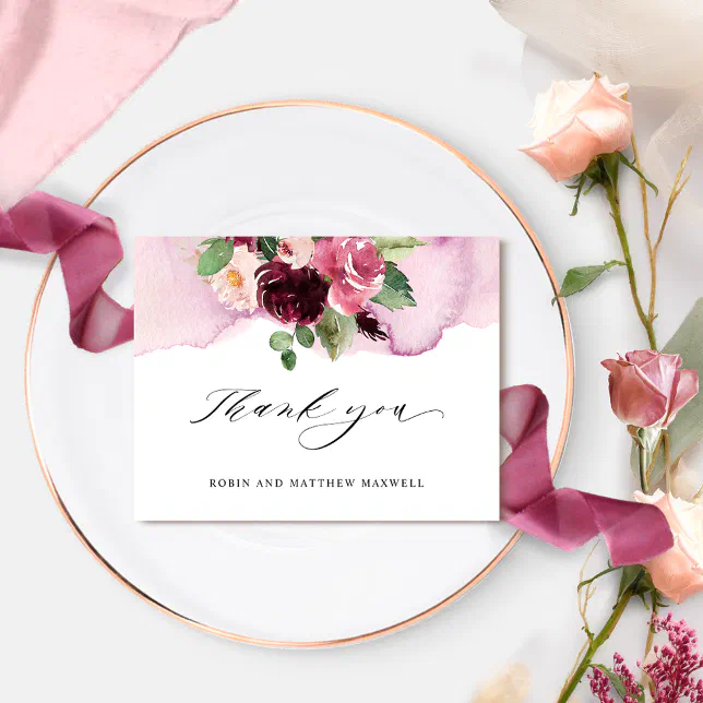 Elegant Burgundy Pink and Blush Floral Wedding Thank You Card | Zazzle