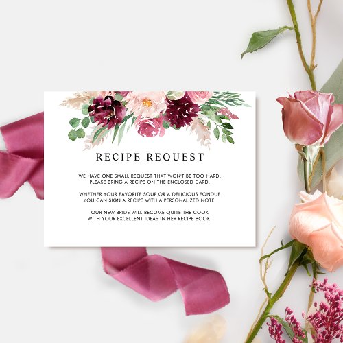 Elegant Burgundy Pink and Blush Wedding  Recipe Enclosure Card