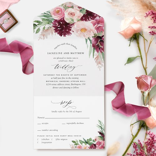 Elegant Burgundy Pink Blush Floral Boho Wedding All In One Invitation