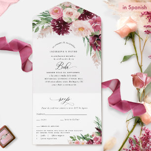 Elegant Burgundy Pink Blush Floral Wedding Spanish All In One Invitation