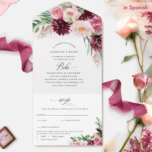 Elegant Burgundy Pink Blush Floral Wedding Spanish All In One Invitation