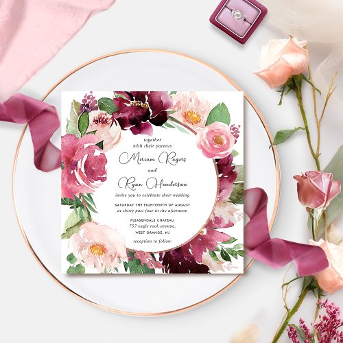 Elegant Burgundy Pink Blush Floral Wreath Wedding  Invitation