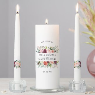 Elegant Burgundy Pink Fall Floral Wedding Monogram Unity Candle Set