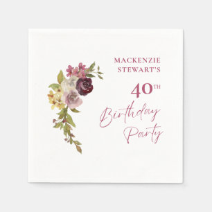 Elegant Burgundy Pink Floral 40th Birthday Napkins