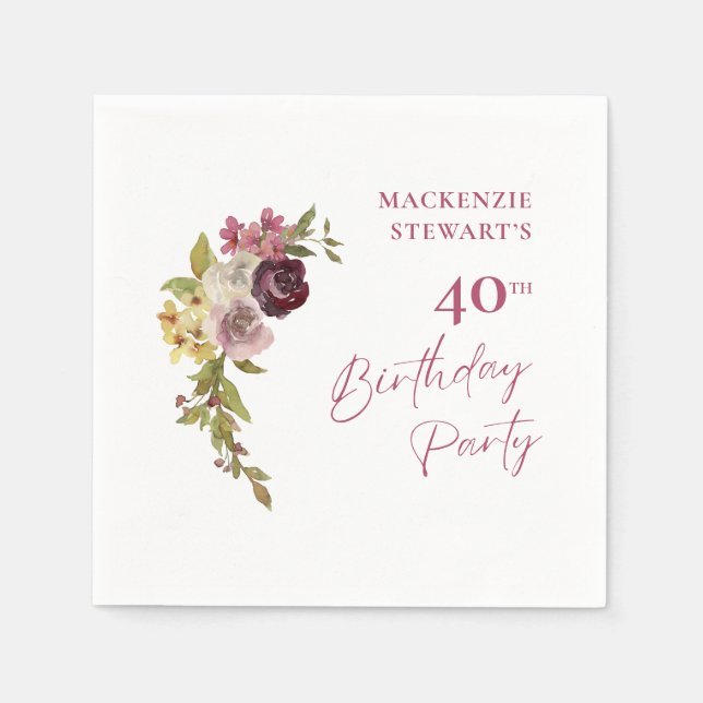 Elegant Burgundy Pink Floral 40th Birthday Napkins (Front)