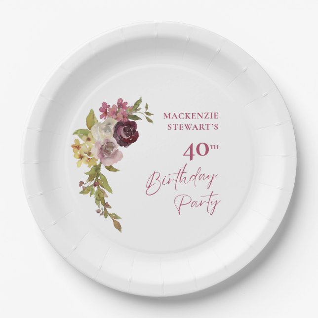 Elegant Burgundy Pink Floral 40th Birthday Paper Plates (Front)
