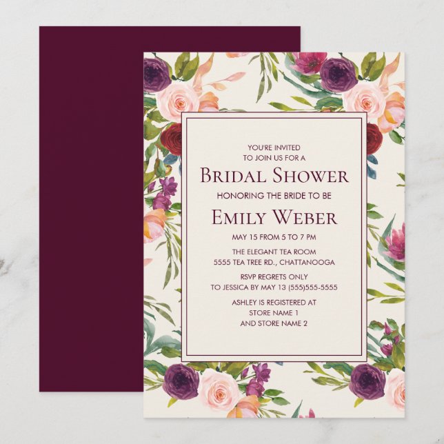 Elegant Burgundy Pink Floral Bridal Shower Invitation (Front/Back)