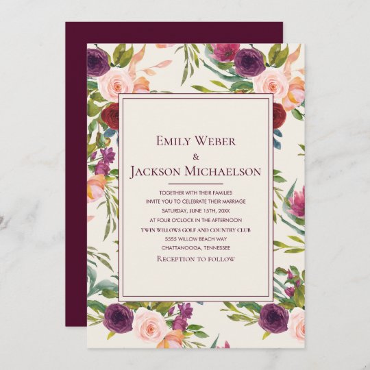 Elegant Burgundy Pink Floral Ivory Wedding Invitation | Zazzle.com