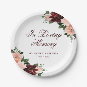 Elegant Burgundy Pink Floral Memorial Funeral Paper Plates