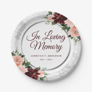 Elegant Burgundy Pink Floral Memorial Funeral Paper Plates