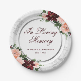 Elegant Burgundy Pink Floral Memorial Funeral Paper Plates