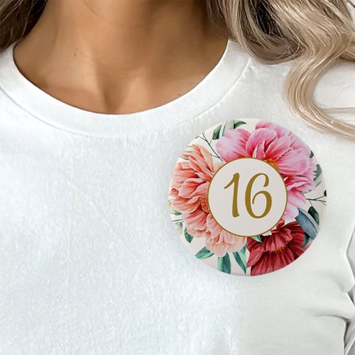 Elegant Burgundy Pink Floral Peonies Sweet 16   Button