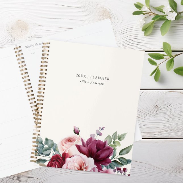 Elegant Burgundy Pink Floral Personalized Name Planner (Creator Uploaded)
