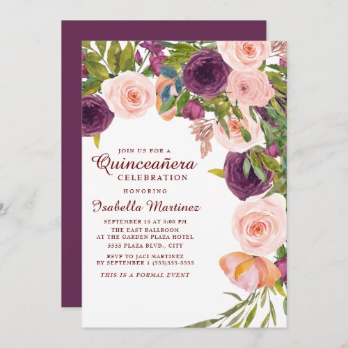 Elegant Burgundy Pink Floral Quinceaera Invitation