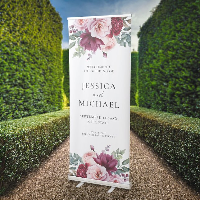 Elegant Burgundy Pink Floral Wedding Welcome Retractable Banner (Creator Uploaded)