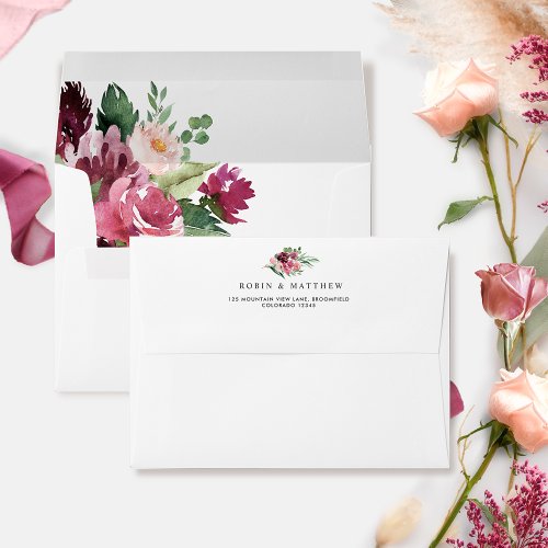 Elegant Burgundy Pink Floral with Return Address Envelope