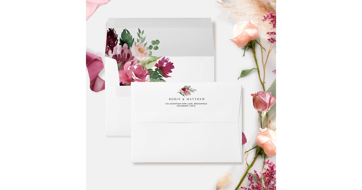 Elegant Burgundy Pink Floral with Return Address Envelope | Zazzle