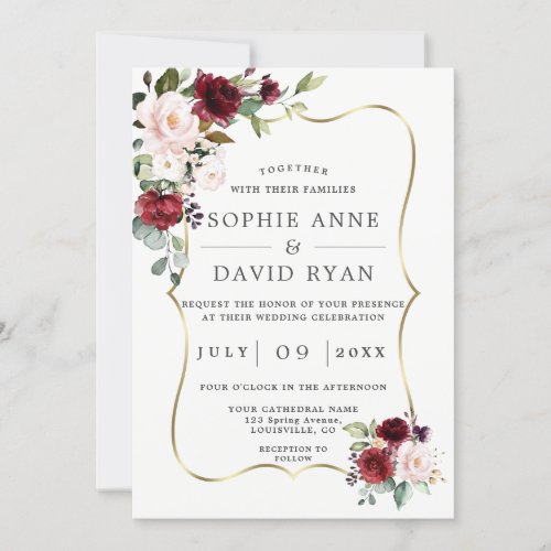 Elegant Burgundy Pink Flowers Gold Frame Wedding Invitation