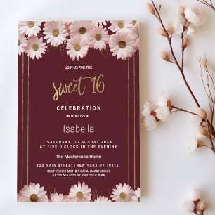 Elegant burgundy pink gold daisy flowers Sweet 16 Invitation