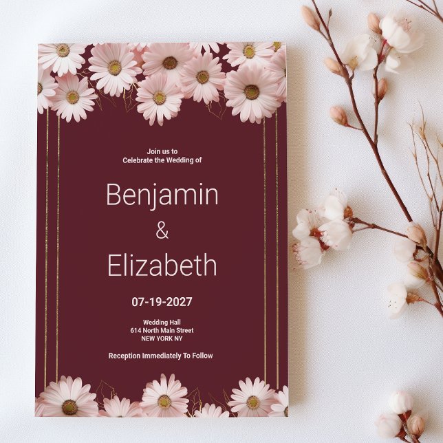 Elegant burgundy pink gold daisy flowers Wedding Invitation (Elegant burgundy pink gold daisy flowers Wedding )
