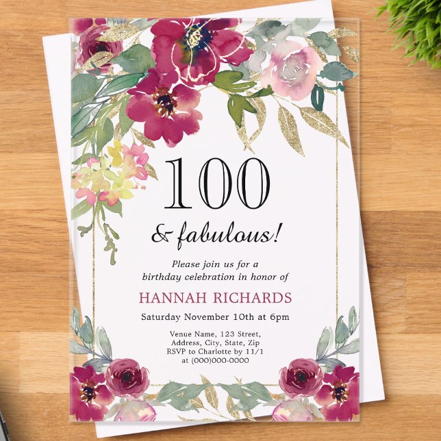 Elegant Burgundy Pink Gold Floral 100th Birthday  Acrylic Invitations (Creator Uploaded)