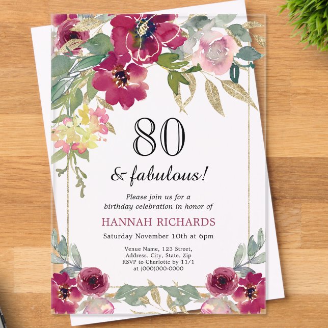 Elegant Burgundy Pink Gold Floral 80th Birthday  Acrylic Invitations (Creator Uploaded)