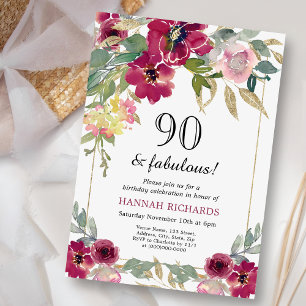 Elegant Burgundy Pink Gold Floral 90th Birthday Invitation