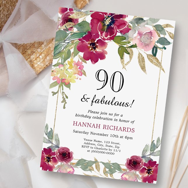 Elegant Burgundy Pink Gold Floral 90th Birthday  Invitation (Creator Uploaded)