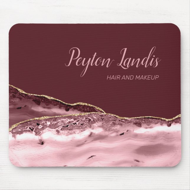 Elegant Burgundy Pink Marble Name Business  Mouse Pad (Front)