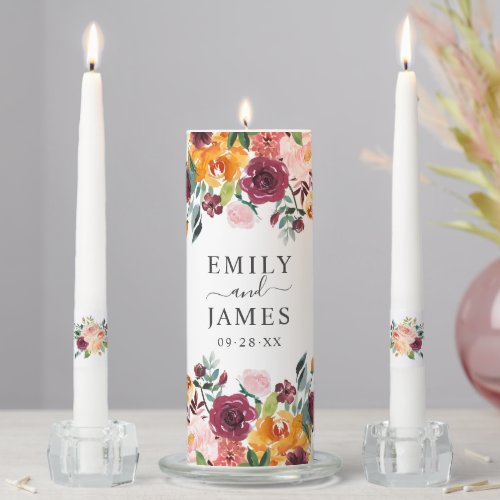 Elegant Burgundy Pink Orange Fall Floral Wedding Unity Candle Set