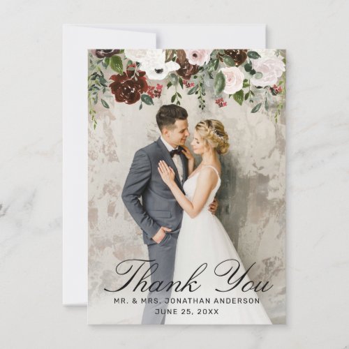 Elegant Burgundy Pink Rose Floral 2 Photo Wedding Thank You Card