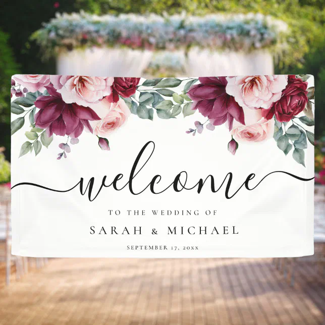Ros Banner Example Elegant Burgundy Pink Rose Floral Wedding Welcome Banner | Zazzle