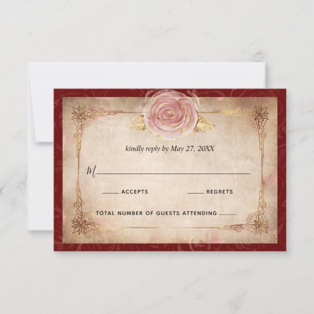Elegant Burgundy Pink Rose Gold Rustic Wedding RSVP Card (Front)