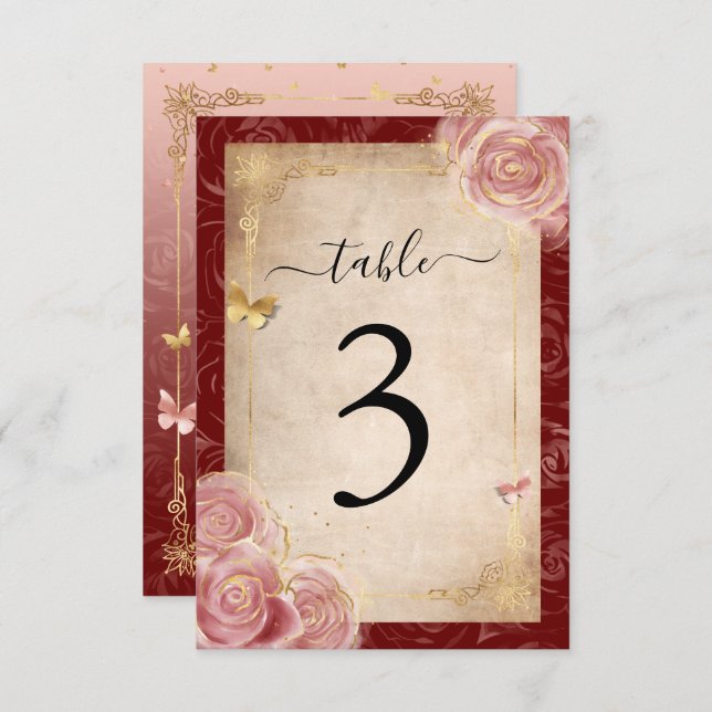 Elegant Burgundy Pink Rose Gold Table Number Cards (Front/Back)