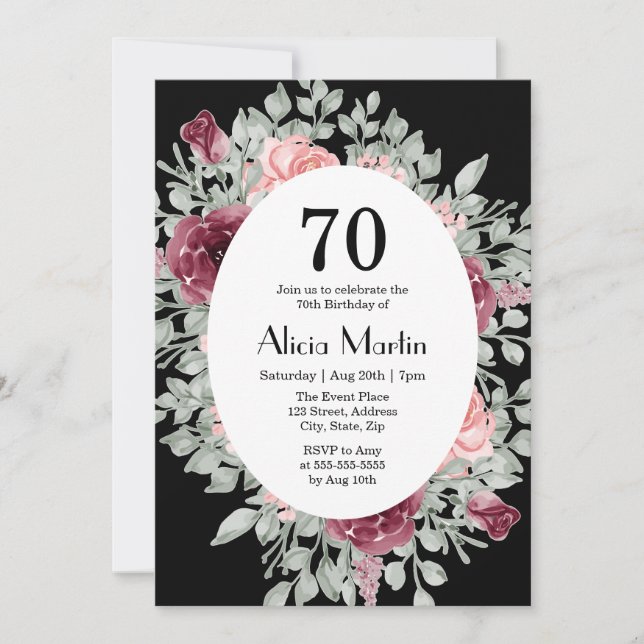 Elegant Burgundy Pink Rose Greenery 70th Birthday Invitation (Front)