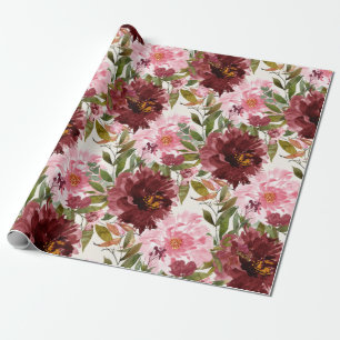 Elegant Burgundy Pink Watercolor Floral Botanical Wrapping Paper