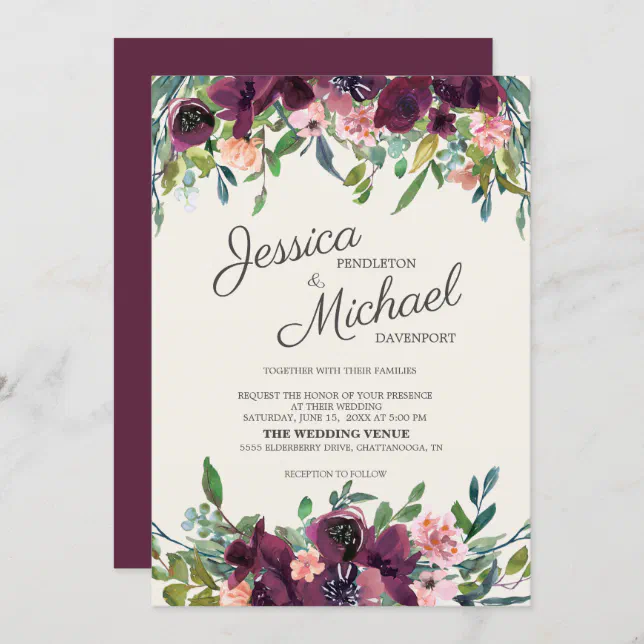 Elegant Burgundy Pink Watercolor Floral Invitation | Zazzle