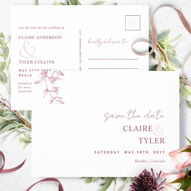 Elegant, Burgundy Pink Wedding Save the Date Postcard (Creator Uploaded)