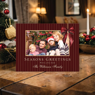 Elegant Burgundy Pinstripe Family Photo Christmas Postcard