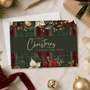 Elegant Burgundy Plaid & Poinsettia Christmas Holiday Card