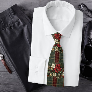 Elegant Burgundy Plaid & Poinsettia Christmas Neck Tie