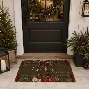 Elegant Burgundy Plaid Poinsettia Merry Christmas Fiber Doormat