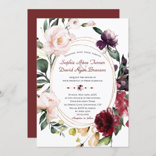 Elegant Burgundy Plum Blush Flowers Gold Wedding Invitation