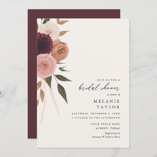 Elegant Burgundy Plum Floral Bridal Shower Invitation