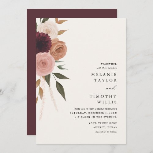 Elegant Burgundy Plum Floral Wedding Invitation