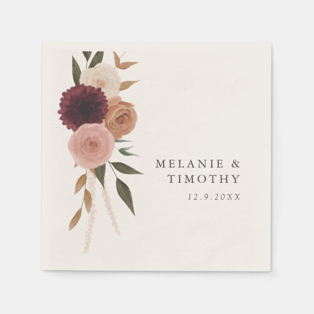 Elegant Burgundy Plum Floral Wedding Napkins (Front)