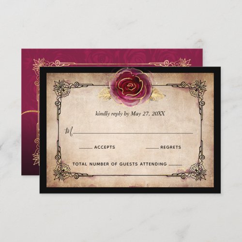 Elegant Burgundy Plum Gold and Black Wedding RSVP Card