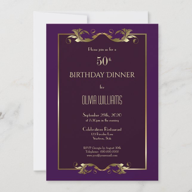 Elegant Burgundy Purple Gold 50th Birthday Dinner Invitation (Front)